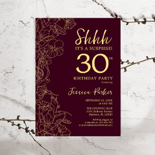 Burgundy Gold Surprise 30th Birthday Invitation