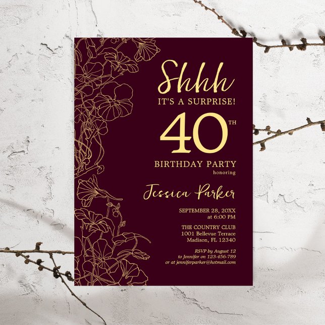 Burgundy Gold Surprise 40th Birthday Invitation (Creator Uploaded)