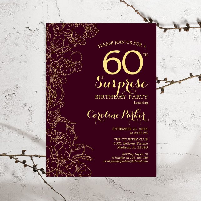 Burgundy Gold Surprise 60th Birthday Party Invitation (Creator Uploaded)
