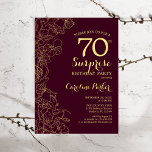 Burgundy Gold Surprise 70th Birthday Party Invitation<br><div class="desc">Burgundy Gold Floral Surprise 70th Birthday Party Invitation. Minimalist modern maroon design featuring botanical accents and typography script font. Simple floral invite card perfect for a stylish female surprise bday celebration. Can be customised to any age.</div>