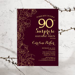 Burgundy Gold Surprise 90th Birthday Party Invitation<br><div class="desc">Burgundy Gold Floral Surprise 90th Birthday Party Invitation. Minimalist modern maroon design featuring botanical accents and typography script font. Simple floral invite card perfect for a stylish female surprise bday celebration. Can be customised to any age.</div>