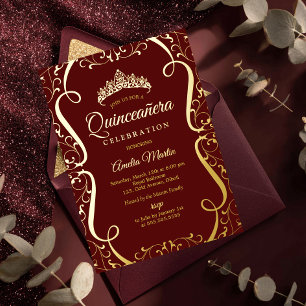 Burgundy Gold Swirl Elegant Quinceanera 