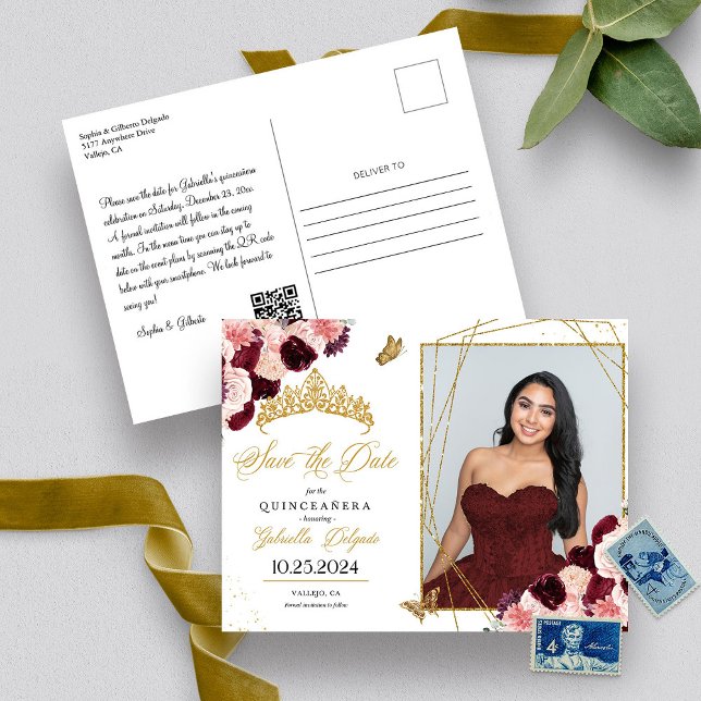 Burgundy & Gold Tiara Quinceañera Photo Postcard (Creator Uploaded)