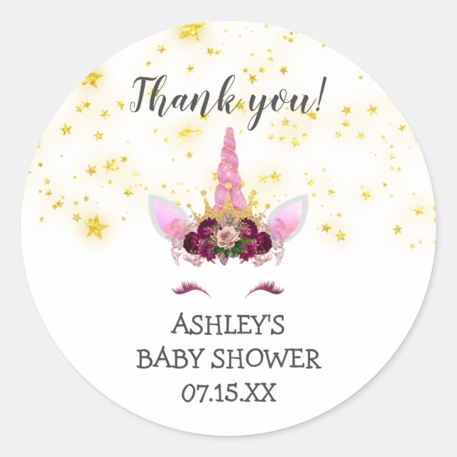 Burgundy Gold Unicorn face thank you favour Classic Round Sticker (Front)
