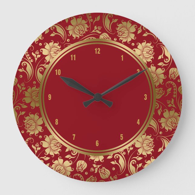 Burgundy & Gold Vintage Floral Damasks Large Clock (Front)