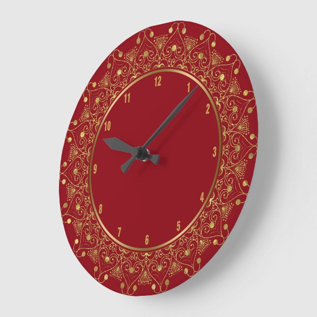 Burgundy & Gold Vintage Floral Mandala Large Clock (Angle)
