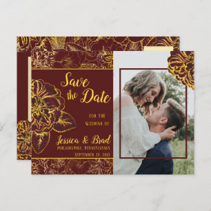 Burgundy Gold Vintage Floral Photo Save the Date Announcement Postcard
