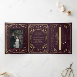 Burgundy Gold Vintage Tarot Gothic Wedding Tri-Fold Invitation