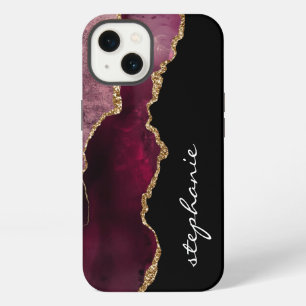 Burgundy Gold Watercolor Agate Personalised iPhone 13 Case