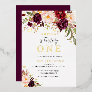 Burgundy Gold Watercolor Floral Girl 1st Birthday