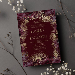 Burgundy gold watercolor floral luxury wedding invitation