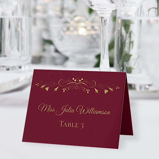 Burgundy & Gold Wedding DIY Fold Place Card (Creator Uploaded)
