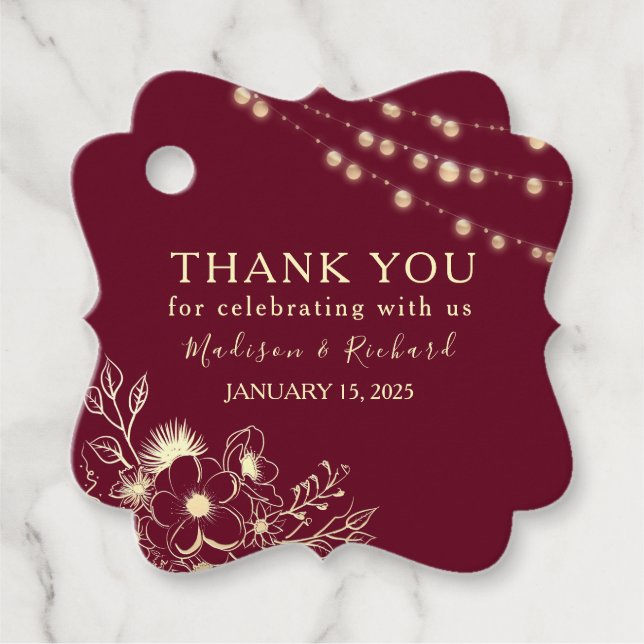 Burgundy Gold Wedding Favour Thank You Tag (Front)