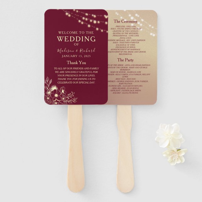 Burgundy Gold Wedding Program Fan (Front and Back)