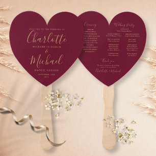 Burgundy Gold Wedding Program Heart Hand Fan