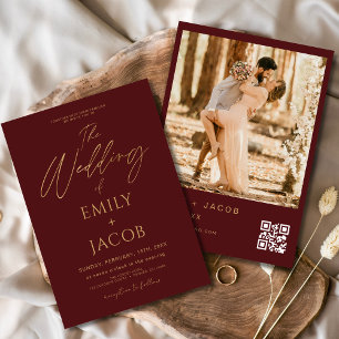 Burgundy Gold Wedding QR Code Photo Script Invitation
