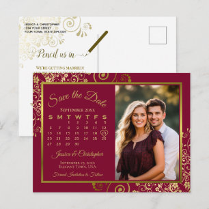 Burgundy & Gold Wedding Save Date Calendar Photo Announcement Postcard