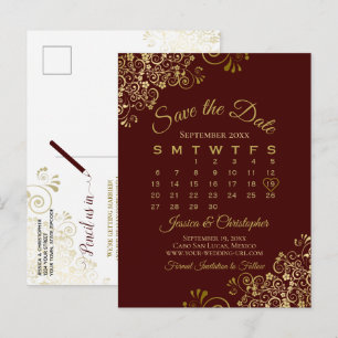 Burgundy & Gold Wedding Save the Date Calendar Announcement Postcard