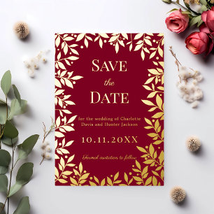 Burgundy gold wedding Save the Date foil card