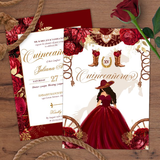 Burgundy Gold Western Charro 2-Sided Quinceanera Invitation (Creator Uploaded)