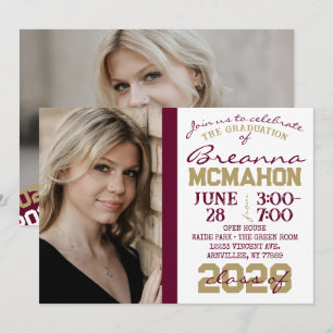 Burgundy Gold White Graduation 2 Photo Invitation