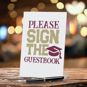Burgundy, Gold & White Guestbook Graduation Table Pedestal Sign