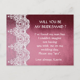 Burgundy Gold White Lace Will You Be My Bridesmaid Invitation Postcard