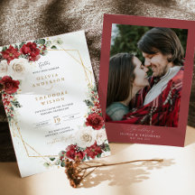 Burgundy Gold Winter Floral Photo Back Wedding