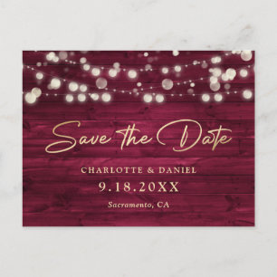 Burgundy Gold Wood String Lights Script Wedding Announcement Postcard