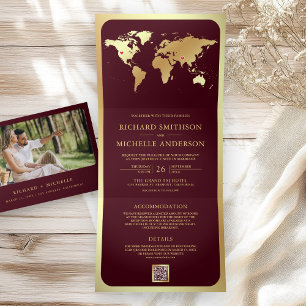 Burgundy Gold World Map QR Code Photo Wedding Tri-Fold Invitation