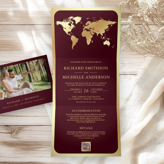 Burgundy Gold World Map QR Code Photo Wedding Tri-Fold Invitation (Creator Uploaded)