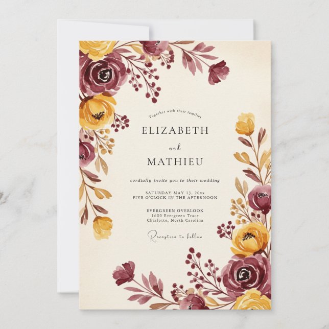 Burgundy Golden Autumnal Wedding Invitation (Front)