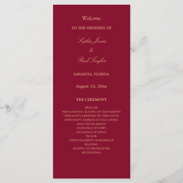 Burgundy Golden Beige Wedding Program (Front)