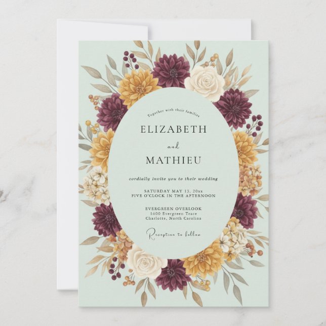 Burgundy Golden Bloom Wedding Invitation (Front)