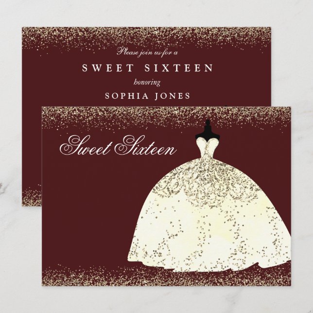 Burgundy Golden Dress Glitter Sweet 16 Invite (Front/Back)