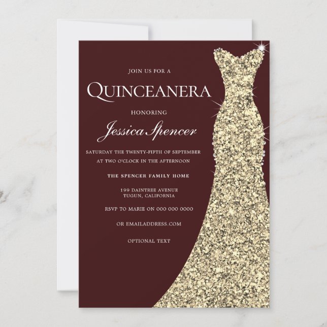 Burgundy Golden Dress Quinceanera Party Invite (Front)