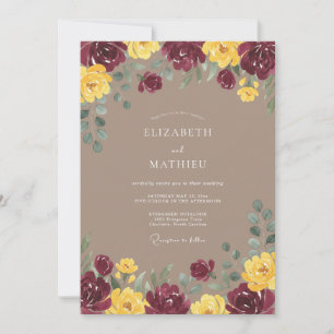 Burgundy Golden Floral Romance Wedding Invitation