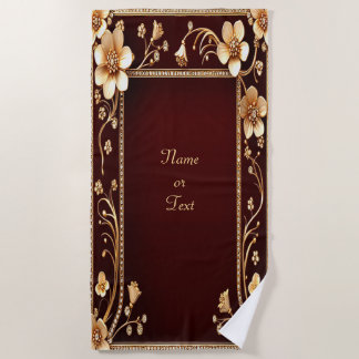 Burgundy Golden Flowers Beach Towel