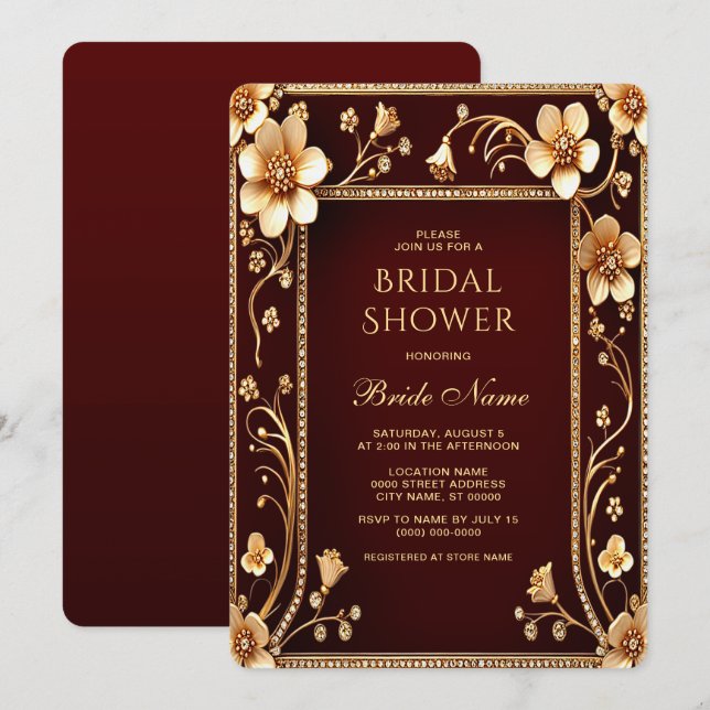 Burgundy Golden Flowers Bridal Shower Invitation (Front/Back)
