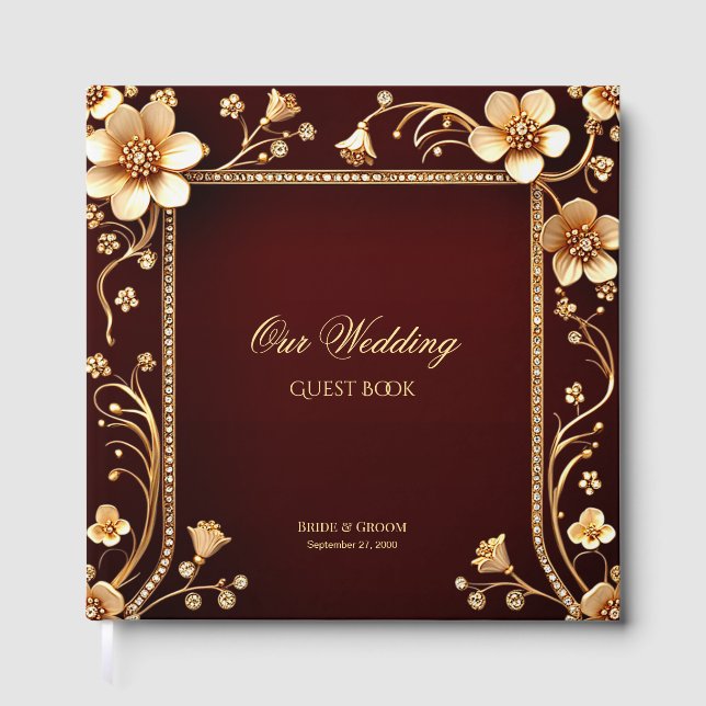 Burgundy Golden Flowers Guest Book (Front)