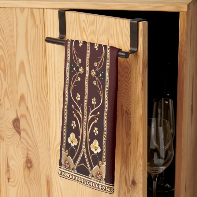 Burgundy Golden Flowers Kitchen Towels (Thirds Fold)