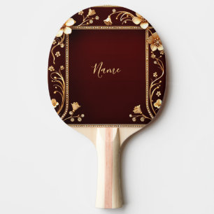 Burgundy Golden Flowers Ping Pong Paddle
