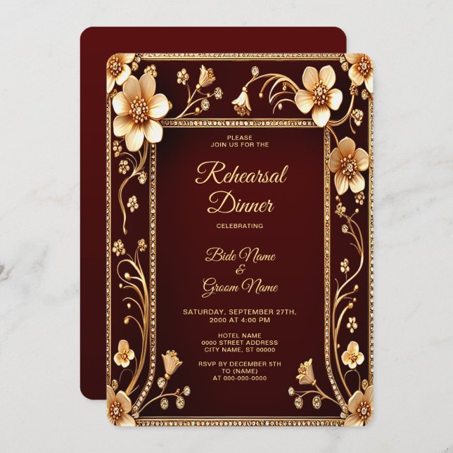 Burgundy Golden Flowers Rehearsal Dinner Invitation (Front/Back)
