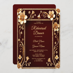 Burgundy Golden Flowers Rehearsal Dinner Invitation
