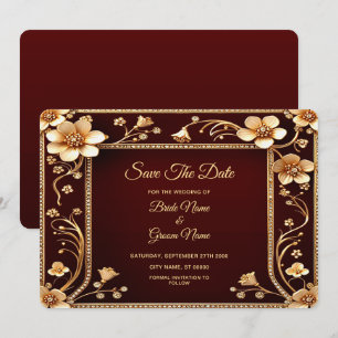 Burgundy Golden Flowers Save The Date