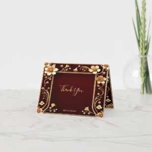 Burgundy Golden Flowers Thank You Card