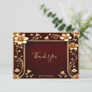 Burgundy Golden Flowers Thank You Card