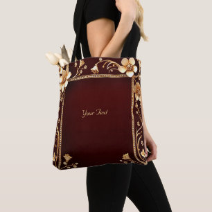 Burgundy Golden Flowers Tote Bag