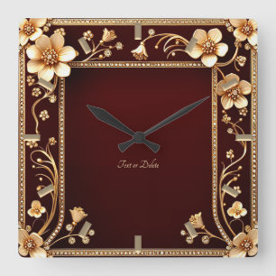 Burgundy Golden Flowers Wall Clock