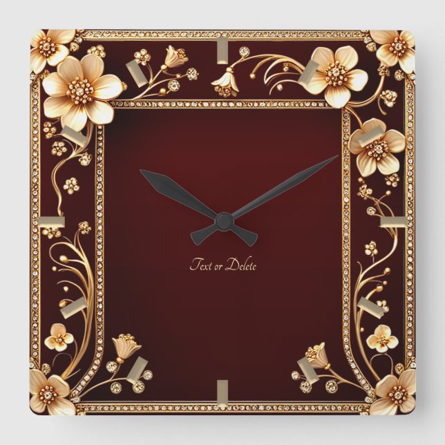 Burgundy Golden Flowers Wall Clock (Front)